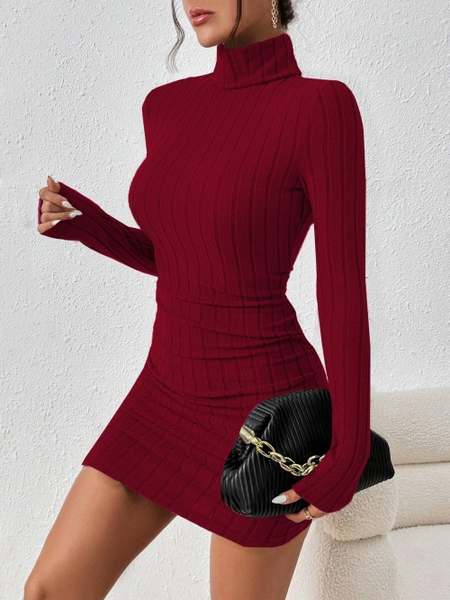 Women's High Neck Ribbed Knitted Dress Long Sleeve Slim Fit Bodycon Mini Dress For Autumn Winter Elegant Office Lady Party Daily Wear