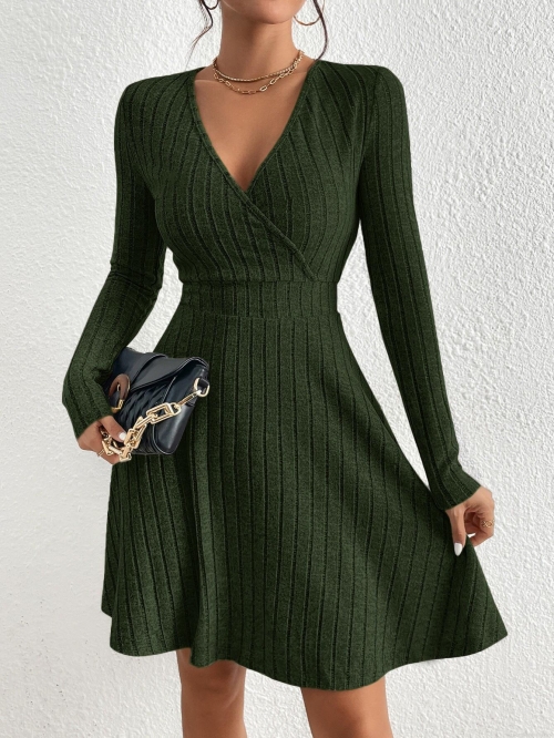 Women Sexy V Neck Long Sleeve Ribbed Knit Mini Dress High Waist Slim Fit Brushed Solid Color Elegant A-Line Short Dress For Daily Dating Party Office