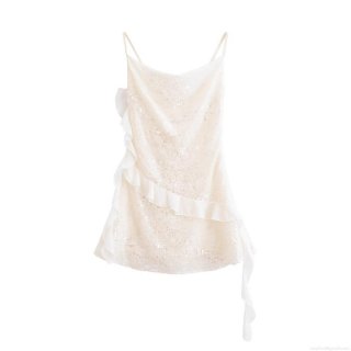 Women's Spaghetti Strap Sequin Mini Dress With Ruffle Side Sparkly Sleeveless Party Club Cocktail Bodycon Dress For Women Beige