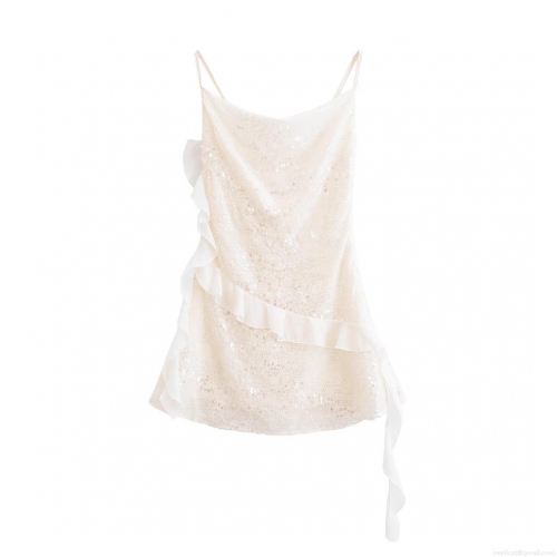 Women's Spaghetti Strap Sequin Mini Dress With Ruffle Side Sparkly Sleeveless Party Club Cocktail Bodycon Dress For Women Beige