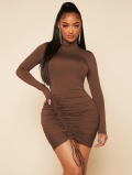Women's Sexy Bodycon Mini Dress High Neck Ruched Drawstring Long Sleeve Polyester Elastane Knitted Dress for Party Clubwear