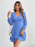 Women's V Neck Backless Lace Up Ruffle Mini Dress Elegant Long Lantern Sleeve Layered A-Line Polyester Spandex Dress For Party Club