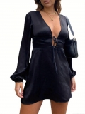 Sexy Deep V Neck Satin Mini Dress For Women Long Sleeve Lace Up Front Bodycon Clubwear Party Dress Solid Color Polyester Satin Evening Dress