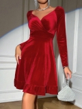 Women's Elegant Red Velvet V-Neck Wrap Dress Long Sleeve Ruffle Hem Sexy Slim Fit Party Mini Dress For Autumn Winter Fashion Clothing