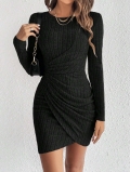 Women's Long Sleeve Knit Mini Dress Elegant Round Neck Waist Wrap Ruched Bodycon Slim Fit Polyester Elastane Blend Ribbed Dress For Daily Office