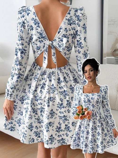 French Elegant Floral Mini Dress For Women Square Neck Backless Lace Up High Waist Puff Sleeve A-Line Short Sundress Vacation Chic Outfit