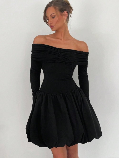 Women's Sexy Off-the-Shoulder Long Sleeve Mini Dress Elegant Knitted Polyester Spandex A-Line Bubble Skirt Party Club Dress For Women