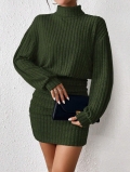 Elegant Women's Dark Green Ribbed Knit Mini Dress High Neck Long Sleeve Slim Fit Bodycon Pullover Autumn Winter Casual Party Dresses