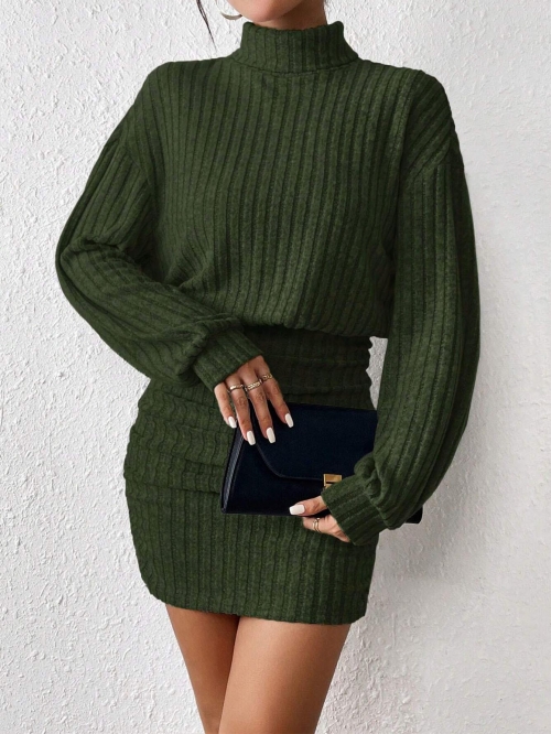 Elegant Women's Dark Green Ribbed Knit Mini Dress High Neck Long Sleeve Slim Fit Bodycon Pullover Autumn Winter Casual Party Dresses