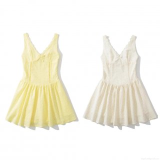 Women's V-Neck Sleeveless Short Dress Cotton Blend Eyelet Embroidery Hollow Out Floral Bow Decor Summer Vacation Beach European Style A-Line Dress