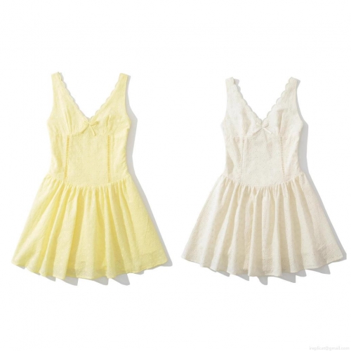 Women's V-Neck Sleeveless Short Dress Cotton Blend Eyelet Embroidery Hollow Out Floral Bow Decor Summer Vacation Beach European Style A-Line Dress