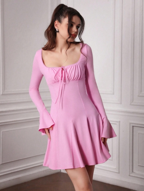 Women Square Neck Ruched Drawstring Flare Sleeve Mini Knit Dress Sexy Sweet Long Sleeve Bodycon Pink Party Dress