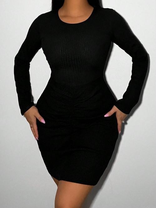 Women's Sexy Backless Ribbed Knit Bodycon Mini Dress Long Sleeve Solid Color Lace Up Party Club Dress