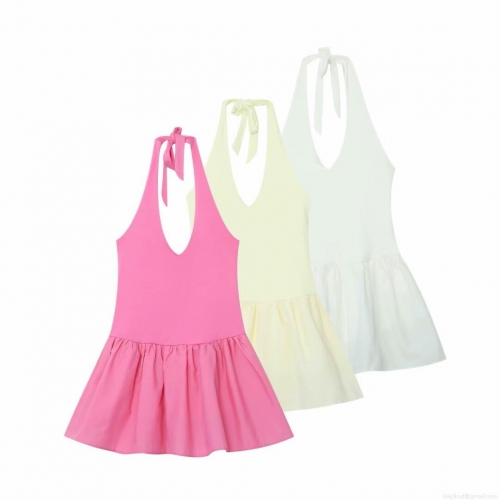 Sexy Halter Neck V Neck Backless Mini Dress Sleeveless Polyester Splicing Pleated Ruffle Hem Summer Vacation Resort Dress for Women