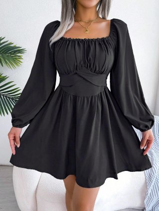 French Style Square Neck Mini Dress Elegant Long Puff Sleeve Ruched Waist A-Line Black Dress Polyester Spandex Blend Slim Fit Short Dress For Party Office Dating Women Clothing