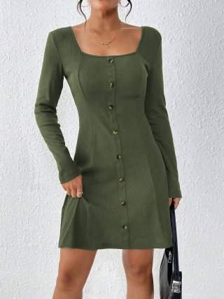 Women's Square Neck Ribbed Knit Dress Long Sleeve Button Decor Slim Fit Mini A-Line Dress For Autumn Winter Elegant Army Green Polyester Elastane Dresses