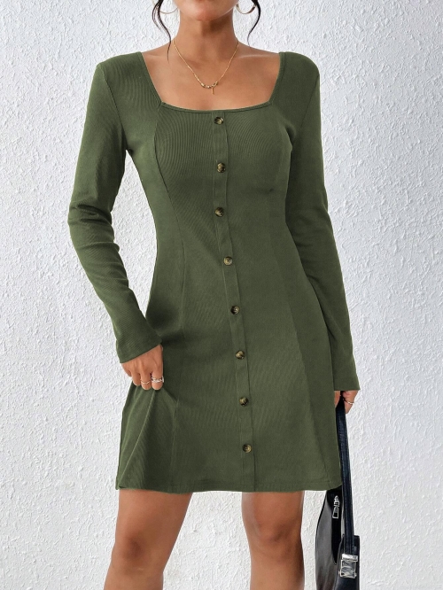 Women's Square Neck Ribbed Knit Dress Long Sleeve Button Decor Slim Fit Mini A-Line Dress For Autumn Winter Elegant Army Green Polyester Elastane Dresses