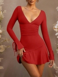 Women's Sexy Red V-Neck Backless Mini Dress Knitted Polyester Spandex Long Flare Sleeve Ruffle Hem Slim Fit A-Line Dress For Party Club Evening Dating