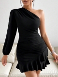 Women's One Shoulder Ruched Ruffle Hem Bodycon Dress Sexy Long Sleeve Asymmetric Mini Dress For Party Banquet Club Night Out Elegant Knitted Slim Fit Short Dress