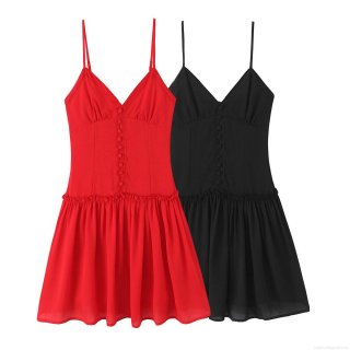 Women Sexy V Neck Sling Mini Dress Polyester Lace Patchwork Ruffle Hem Backless Cami Dress With Button Decor For Summer Party Streetwear Casual Wear