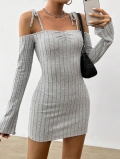 Women's Sexy Off-The-Shoulder Rib-Knit Mini Dress Long Sleeve Lace-Up Camisole Bodycon Slim Fit Short Dress Autumn Winter Solid Color Elegant Party Club Lady Dress