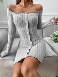 Women's Off-the-Shoulder Long Sleeve Knit Dress Sexy Bodycon Mini Dress with Decorative Buttons Solid Color Slim Fit Ribbed Texture Polyester Elastane Vacation Clubwear Party Dress
