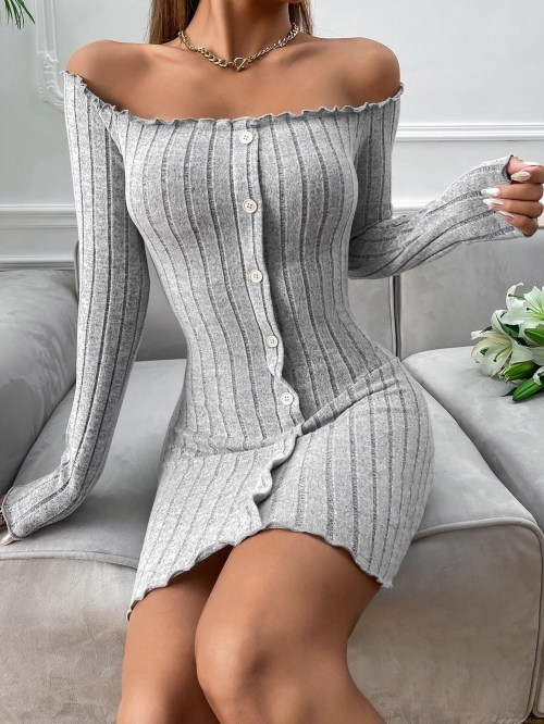 Women's Off-the-Shoulder Long Sleeve Knit Dress Sexy Bodycon Mini Dress with Decorative Buttons Solid Color Slim Fit Ribbed Texture Polyester Elastane Vacation Clubwear Party Dress