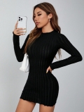 Women Sexy Ribbed Knit Bodycon Dress Mock Neck Long Sleeve Mini Pencil Dress Slim Fit Solid Black Polyester Elastane Party Club Dress Fall Winter