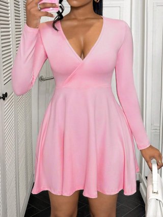 Women's Sexy Pink V-Neck Long Sleeve Knitted Mini Dress High Waist A-Line Slim Fit Short Dress For Club Party Ladies Casual Style