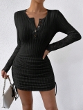 Women's Sexy Bodycon Mini Dress Elegant Long Sleeve Ribbed Knit Button Henley Neck Lace Cuffs Ruched Drawstring Dress for Party Club Lady