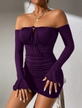 Women Sexy Off The Shoulder Long Flare Sleeve Ruched Drawstring Mini Bodycon Dress Polyester Spandex Dark Purple Party Club Dress