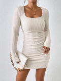 Women's Sexy Ribbed Knit Long Sleeve Square Neck Mini Dress Slim Fit Bodycon Pullover Short Dress For Autumn Winter Polyester Elastane Knitwear