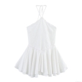 Women's Sexy White Halter Lace Mini Dress Backless Sleeveless Tiered Ruffle Summer Party Dress Cotton Blend Elegant Sun Dress For Vacation