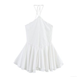 Women's Sexy White Halter Lace Mini Dress Backless Sleeveless Tiered Ruffle Summer Party Dress Cotton Blend Elegant Sun Dress For Vacation