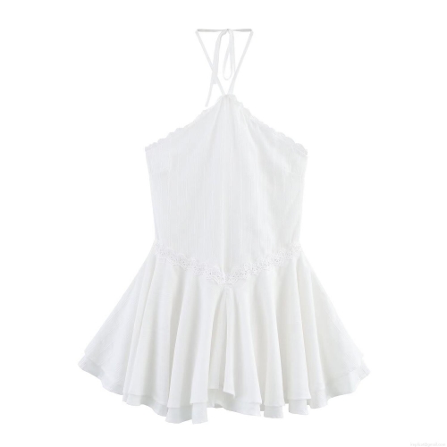 Women's Sexy White Halter Lace Mini Dress Backless Sleeveless Tiered Ruffle Summer Party Dress Cotton Blend Elegant Sun Dress For Vacation
