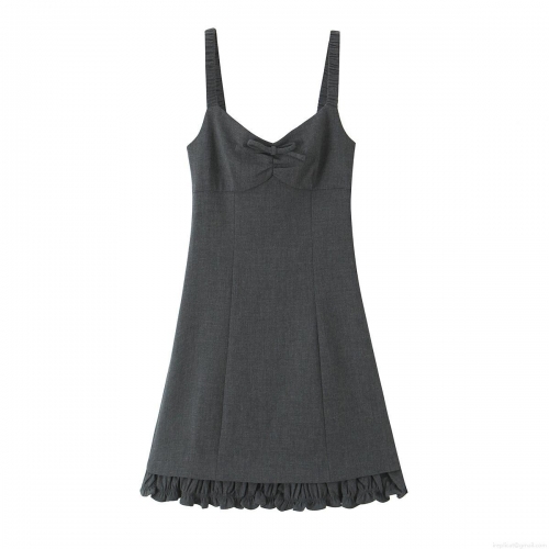 Women Sexy Dark Grey Spaghetti Strap Mini Dress With Bow Knot V Neck Ruffle Hem Solid Color Slim Fit Polyester Sleeveless Party Dress