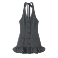 Women Summer Dark Grey Halter Neck Single Breasted Dress Polyester Ruffle Hem Patchwork Sleeveless Mini Streetwear Bodycon Dress