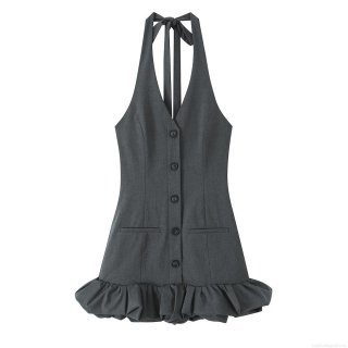 Women Summer Dark Grey Halter Neck Single Breasted Dress Polyester Ruffle Hem Patchwork Sleeveless Mini Streetwear Bodycon Dress