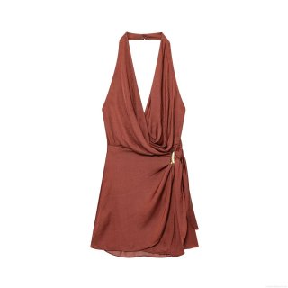 Women's Sexy Backless Halter Dress Satin Polyester Pleated Mini Dress With Metal Buckle Decoration For Summer Party Street Style Vacation Date