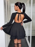 Elegant Black Long Sleeve Backless Dress With Bow Design Women Sexy Mini A-Line Party Dress Double Ruffle Hem Knitting Polyester Spandex Clothing