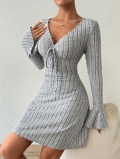 Women's Elegant Grey V-Neck Drawstring Ribbed Knit Dress Long Bell Sleeve Slim Fit Mini Dress Polyester Spandex Bodycon Knitted Short Gown For Daily Office