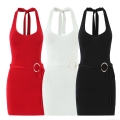 Women's Sexy Halter Neck Backless Mini Dress Polyester Knit Ribbed Bodycon Dress With Metal Ring Decoration For Summer Party Clubwear