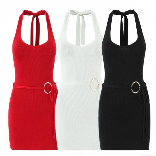 Women's Sexy Halter Neck Backless Mini Dress Polyester Knit Ribbed Bodycon Dress With Metal Ring Decoration For Summer Party Clubwear