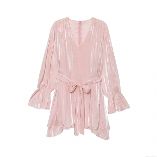 Women Metallic Shiny Pleated Mini Dress V-Neck Long Sleeve Tie Waist Irregular Hem Ruffle Cuff Party Night Out Sexy Club Dress