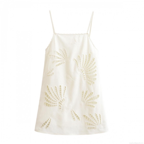 Women's Sexy White Hollow Out Embroidery Camisole Mini Dress Summer Sleeveless V-Neck Polyester Short A-Line Dress For Vacation Party Streetwear