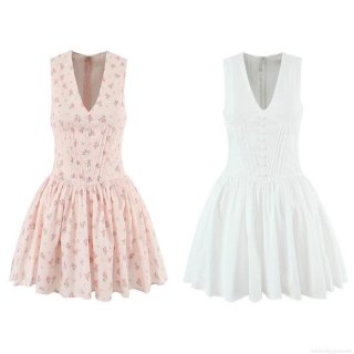 Women's V-Neck Sleeveless Lace Patchwork Floral Print Dress Summer A-Line Waist Cinching Mini Party Dress Elegant Sleeveless Sundress For Women