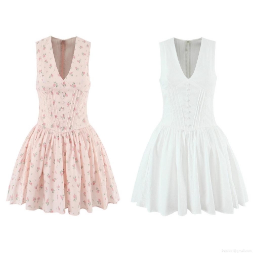 Women's V-Neck Sleeveless Lace Patchwork Floral Print Dress Summer A-Line Waist Cinching Mini Party Dress Elegant Sleeveless Sundress For Women