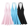Summer Halter Tie-Neck Mini Dress Sleeveless Deep V Neck Backless Wide Swing A-Line Polyester Dress For Women Sexy Street Style Party Vacation