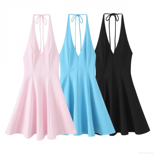 Summer Halter Tie-Neck Mini Dress Sleeveless Deep V Neck Backless Wide Swing A-Line Polyester Dress For Women Sexy Street Style Party Vacation