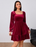 French Vintage Square Neck Velvet Dress Women Elegant Backless Bow Long Sleeve Ruffle Hem A-Line Mini Party Dress Sexy Autumn Winter Cocktail Dressing